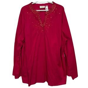 Liz Claiborne Women's Pink Gold Studded V-Neck Long‎ Sleeve Top Size 3X